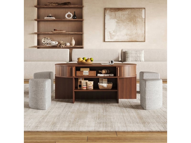  Table basse ovale avec poufs 120cm noyer - rangement et portes coulissantes  - Conforama D
