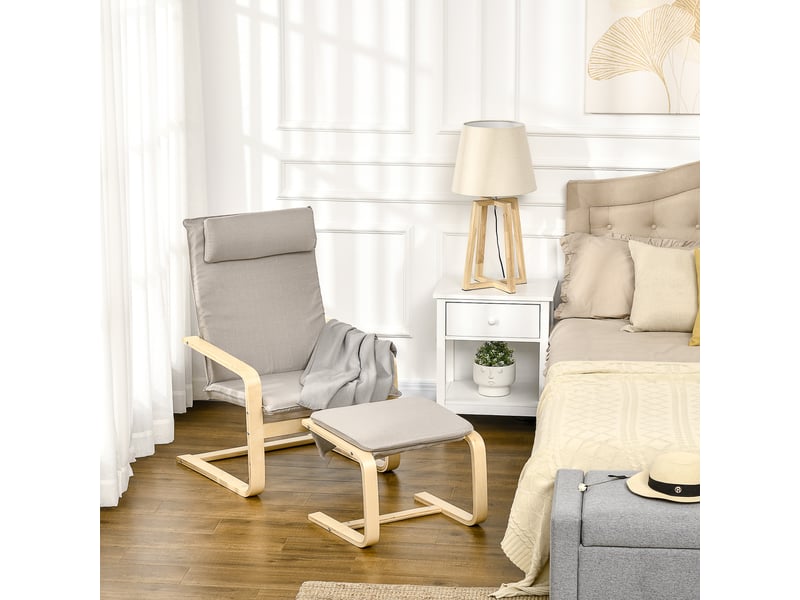  Fauteuil relax avec pouf et repose-pieds, en bois et tissu, avec appui-tête, 67 x 69 x 100 cm, gris  - Conforama D