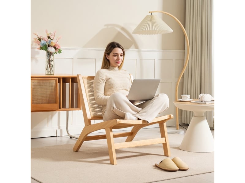  Fauteuil d'accent 64x70x74cm – chaise lounge individuelle sans accoudoir avec assise et dossier en cannage rattan – bois massif - naturel  - Conforama D