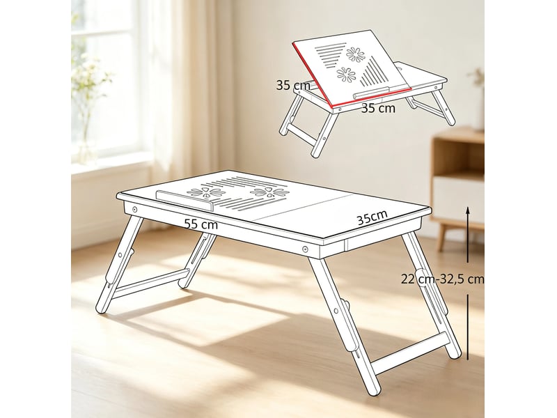 Table basse relevable pliante avec tiroir, plateau inclinable ventilé en bambou naturel pour lit 55 × 35 × 22-32,5 cm - Conforama C