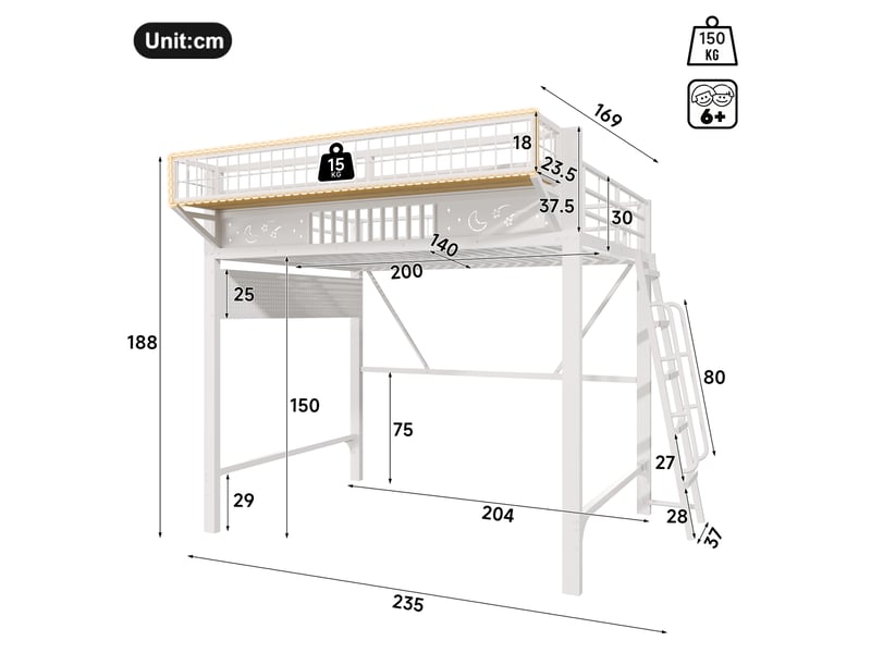  Lit mezzanine 140x200cm - lit double en métal avec étagère suspendue et échelle réversible pour ado et adulte - blanc  - Conforama E