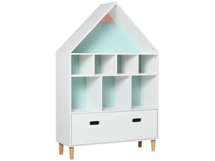 Étagère bibliothèque blanche rangement jouets, chambre enfantadolescent, cubique bicolore bleu-rose, 82 x 30 x 126 cm.