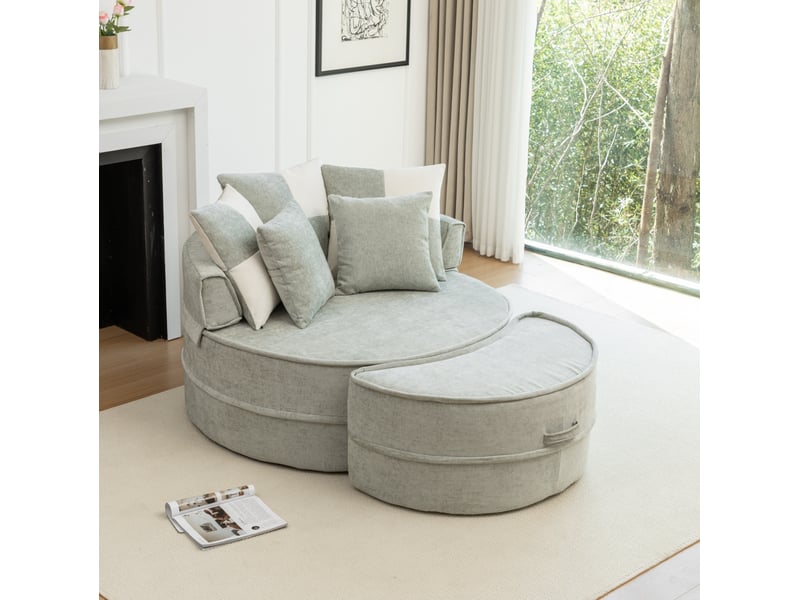  Fauteuil avec pouf rond avec 5 coussins et assise profonde, confort enveloppant, en chenille vert menthe  - Conforama B