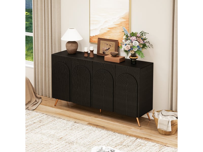  Buffet noir style mid-century avec portes arquées, étagères réglables et pieds en métal doré, 150 cm  - Conforama D