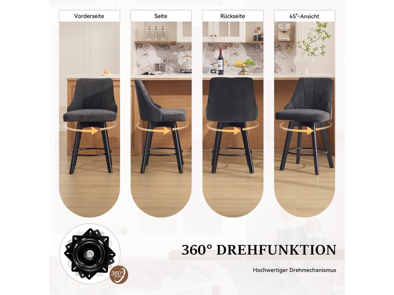  Lot de 2 tabourets de bar pivotants,avec dossier et repose-pieds,chenille,gris  - Conforama E
