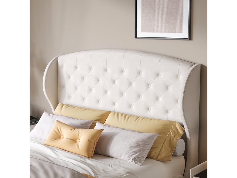  Lit traîneau capitonné 140x200 cm - tissu velours beige - tête et pied de lit avec boutons - style européen élégant  - Conforama D