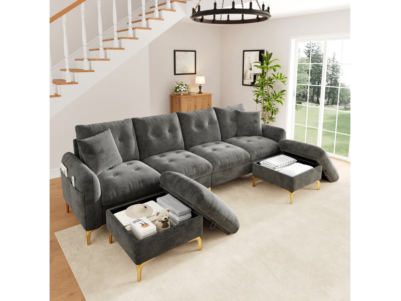 Canapé 4 places avec 2 coussins, chenille gris 263x137x85 cm - Conforama R