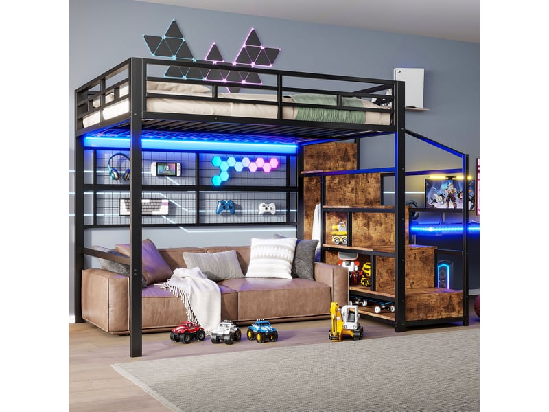  Lit mezzanine 140x200 cm, armoire-échelle, espace dessous libre, led 7 couleurs, métal noir, sans matelas  - Conforama D