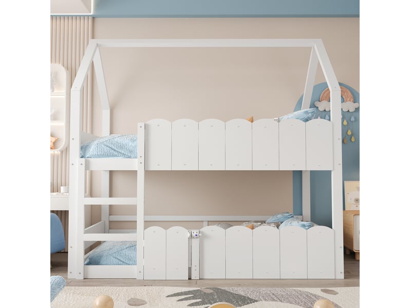  Lit superposé enfant cabane 90x200 cm avec échelle et barrières, blanc  - Conforama D