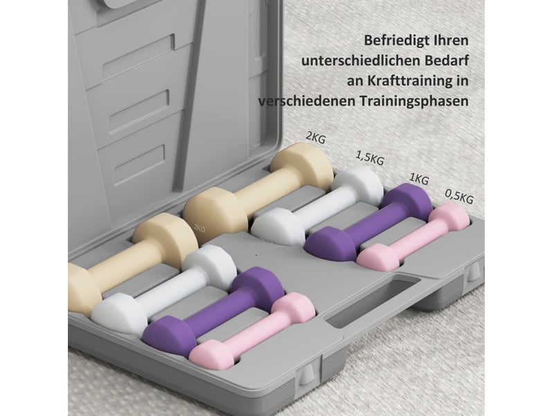  Set de 4 paires d'haltères hexagonales de 0,5 à 2 kg multicolores, avec mallette de rangement  - Conforama D