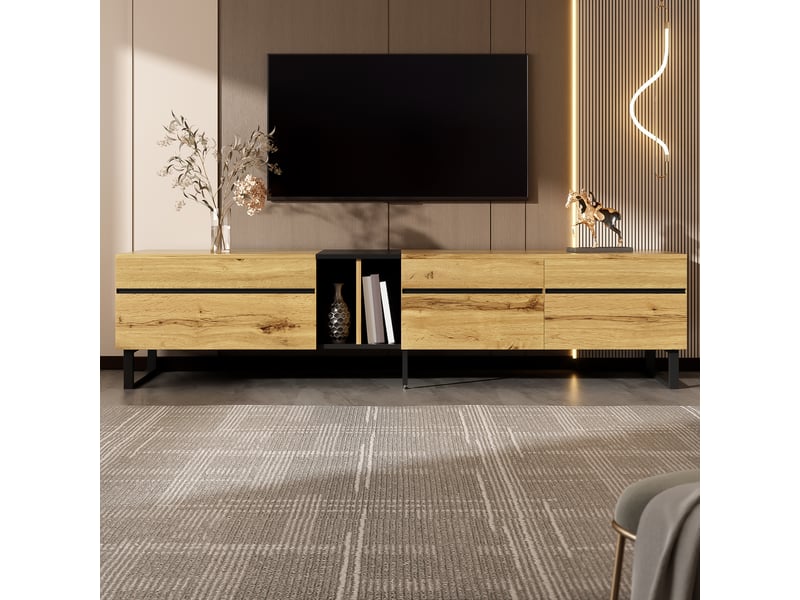 Meuble tv bas 180 cm blanc laqué – portes doubles, niches, abattant, design minimaliste  - Conforama B