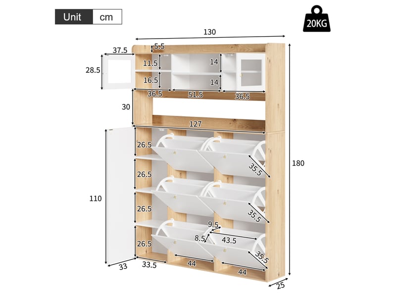  Meuble à chaussures avec 6 abattants et led, 130x25x180 cm  - Conforama C