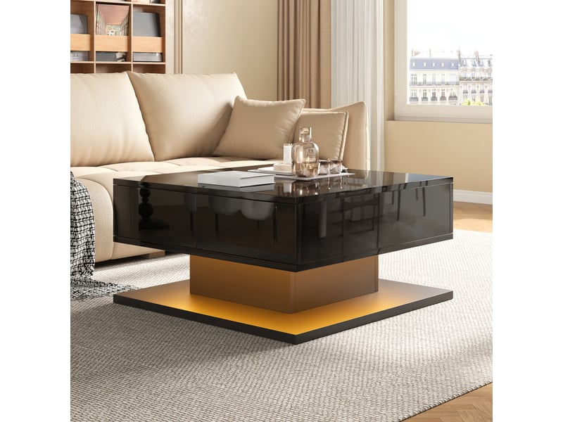  Table basse carrée relevable 72x72cm laquée noire avec led connectée | plateau double ouverture et 2 tiroirs | charge 60kg - noir  - Conforama B