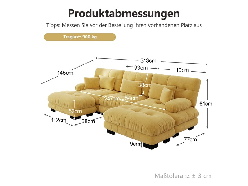  Canapé d'angle, canapé convertible – assise profonde, style cloud, forme u, jaune, avec pouf  - Conforama W