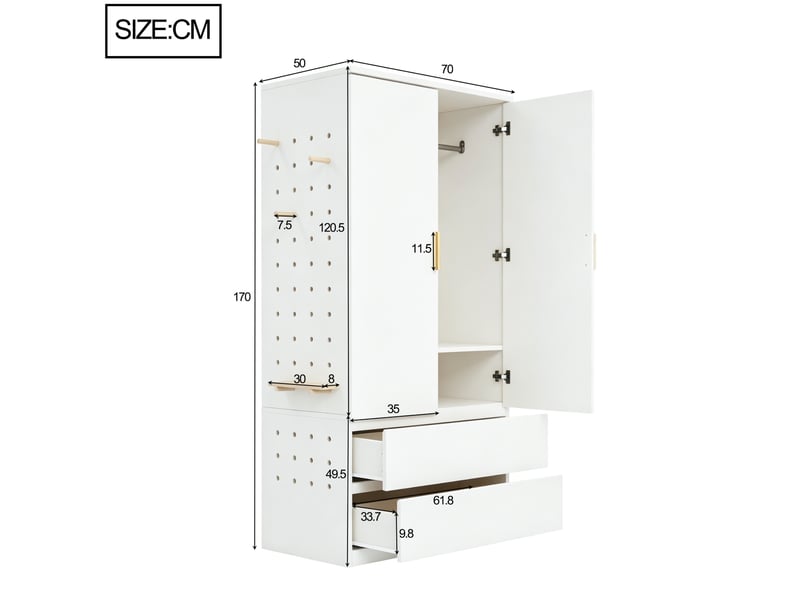  Armoire penderie multifonction 70x50x170 cm, 2 tiroirs, rangements cachés, panneau perforé, contreplaqué et mdf, blanc  - Conforama C