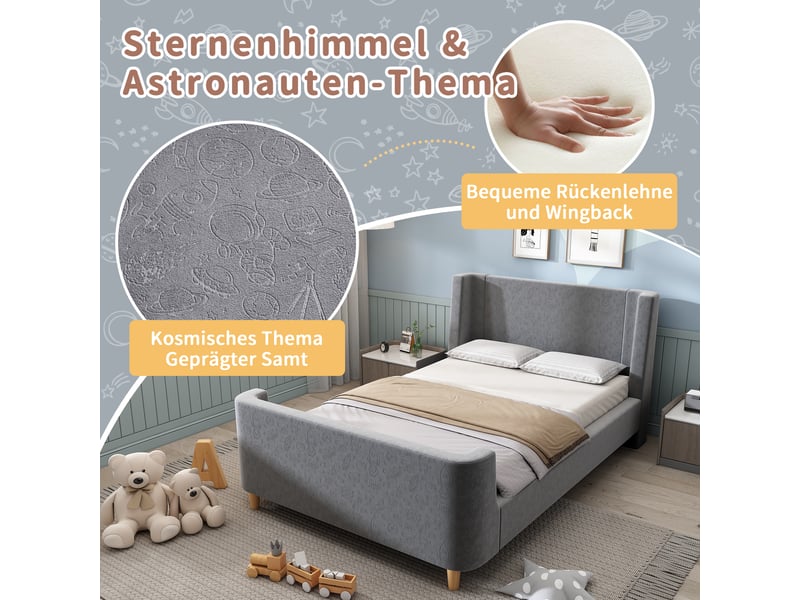  Lit enfant 200×90 cm de style traîneau à motifs de l’espace, avec sommier à lattes, sans matelas, en velours gris  - Conforama E