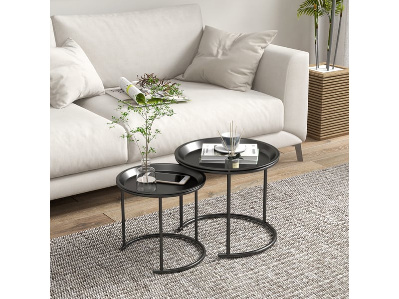  Lot de 2 tables basses rondes gigognes plateaux amovibles industriel style en acier  43 et  35 cm noir  - Conforama W