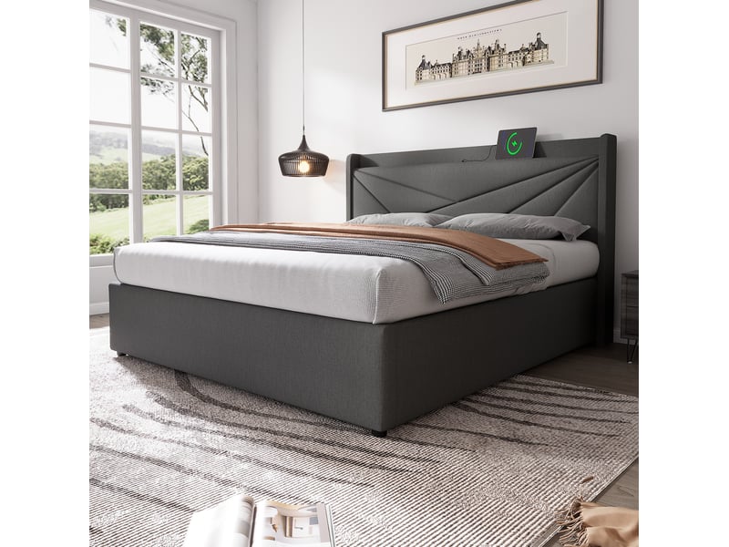  Modenvie lit coffre 180x200 cm - tête de lit géométrique, ports usb et usb-c, sans matelas - gris  - Conforama B