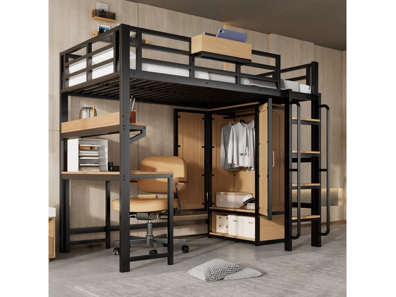 Lit mezzanine enfant avec bureau, armoire et rangements noir et naturel 90 x 200 cm - Conforama B