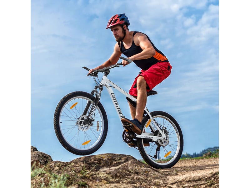 Vtt mixte 28 pouces – blanc – acier, 21 vitesses shimano tourney, freins à disque et fourche suspendue  - Conforama B