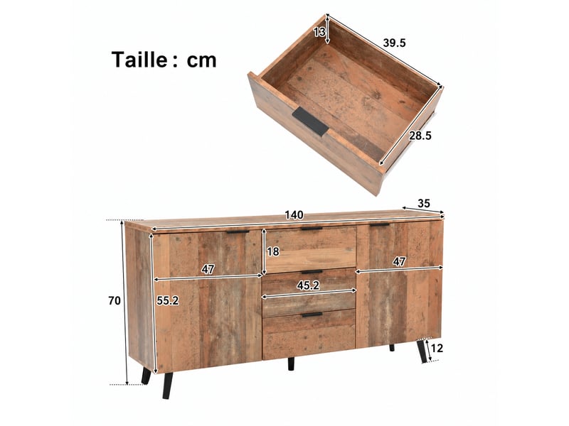  Meuble tv 140 cm pour écran 55 pouces, 3 tiroirs et étagères réglables, marron vintage  - Conforama E