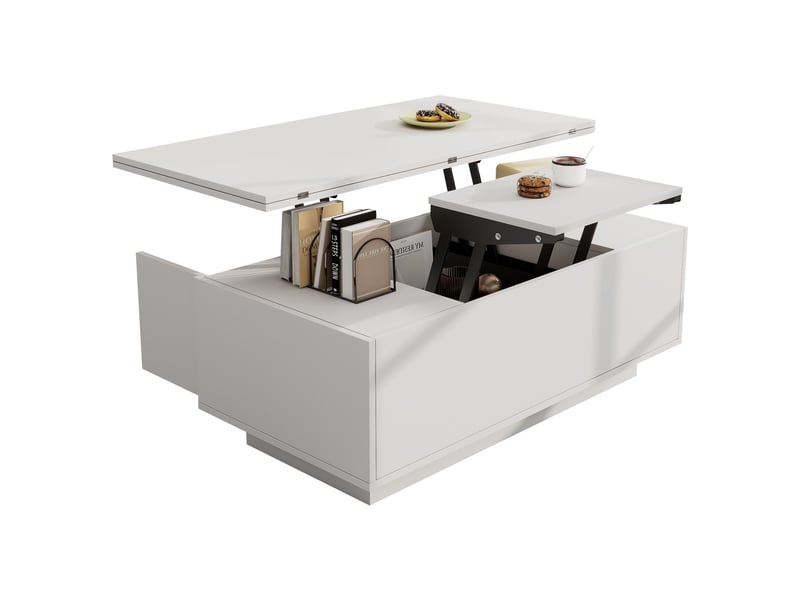  Table basse relevable blanche avec rangement caché, double plateau, 100x50 cm, charge 50 kg  - Conforama W