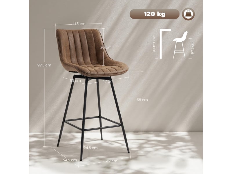 Lot de 2 tabourets de bar, chaises de bar en pu, assise rembourrée 68h cm, dossier et repose-pieds, marron  - Conforama E