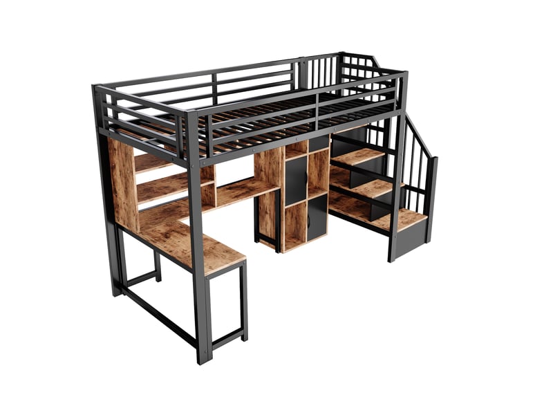Lit mezzanine 90x200 cm en métal avec meuble-échelle, niche de rangement et led intégrée, lit gain de place - noir Morn Vibe - Conforama A