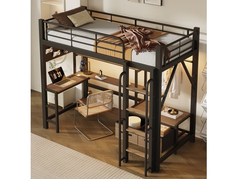 Lit mezzanine 90x200 cm avec bureau et led, tiroirs et rangements, coloris noir - Conforama E