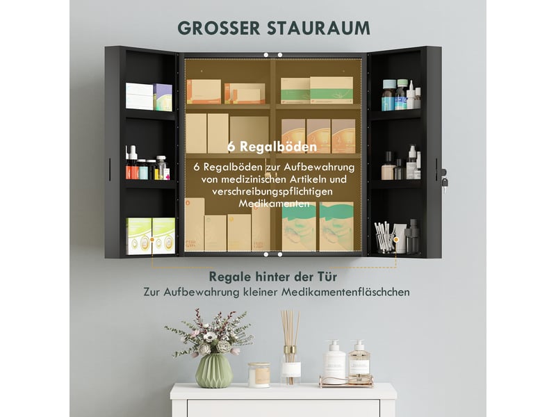  Armoire à pharmacie murale verrouillable 2 portes en acier noir 55x18x60 cm  - Conforama E