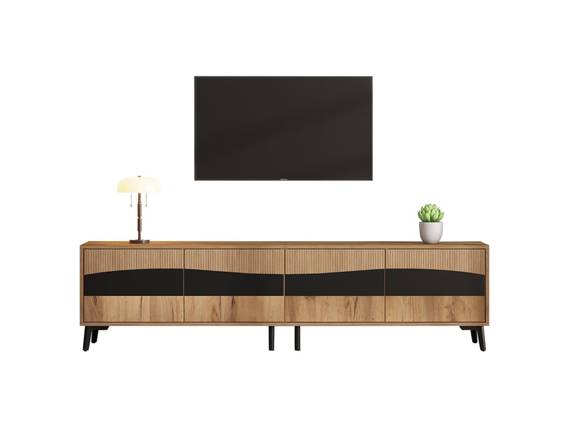 Meuble tv couleur bois support noir 4 armoires 8 pieds capacité charge 30 kg design symétrique bas  - Conforama B