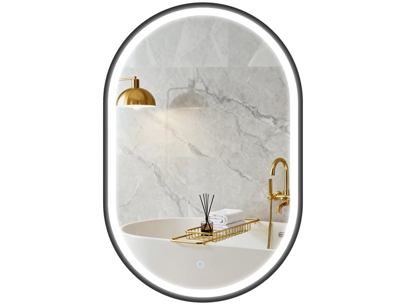  Miroir de salle de bain ovale mural 60 x 90 cm avec éclairage intégré, 3 couleurs de lumière, luminosité réglable, fonction antibuée, noir  - Conforama A