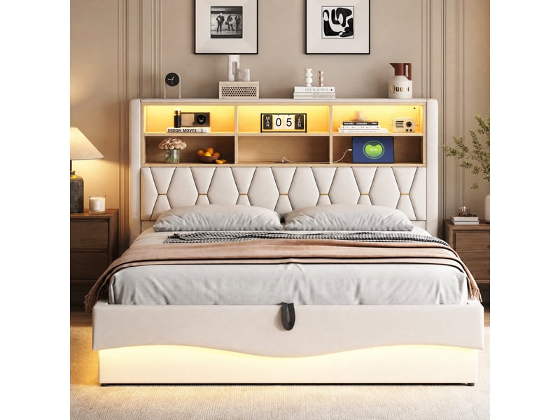  Lit coffre 180 x 200 cm beige avec led, port usb et rangement hydraulique  - Conforama C