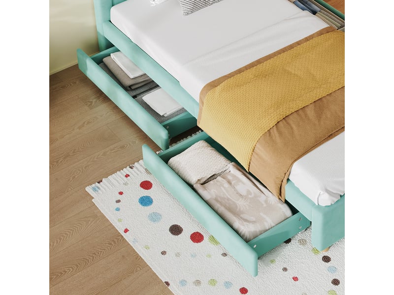  Lit simple pour enfant rembourré 90x200cm - avec 4 tiroirs - tête de lit en forme de maison - tissu velours - bleu-vert (sans matelas)  - Conforama W
