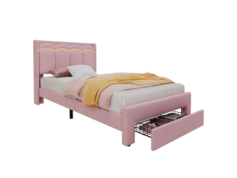  Lit enfant simple 90×200 cm tiroir, led commandée par application et étagère  - sans matelas, velours - rose  - Conforama A
