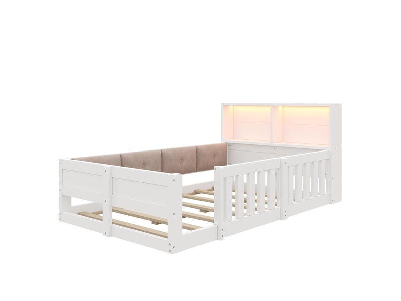  Lit enfant bas 90x200 cm avec barrières, led et côtés rembourrés, blanc, moderne  - Conforama A