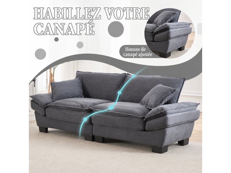  Canapé 2 places en velours gris foncé, assise profonde 224 x 81 x 81  - Conforama D