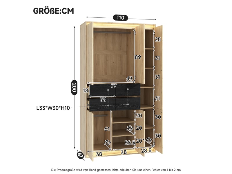 Armoire penderie 90 x 47 x 200 cm - miroir intégré - 4 tiroirs - éclairage led - 9 compartiments de rangement - anthracite et chêne - Conforama D