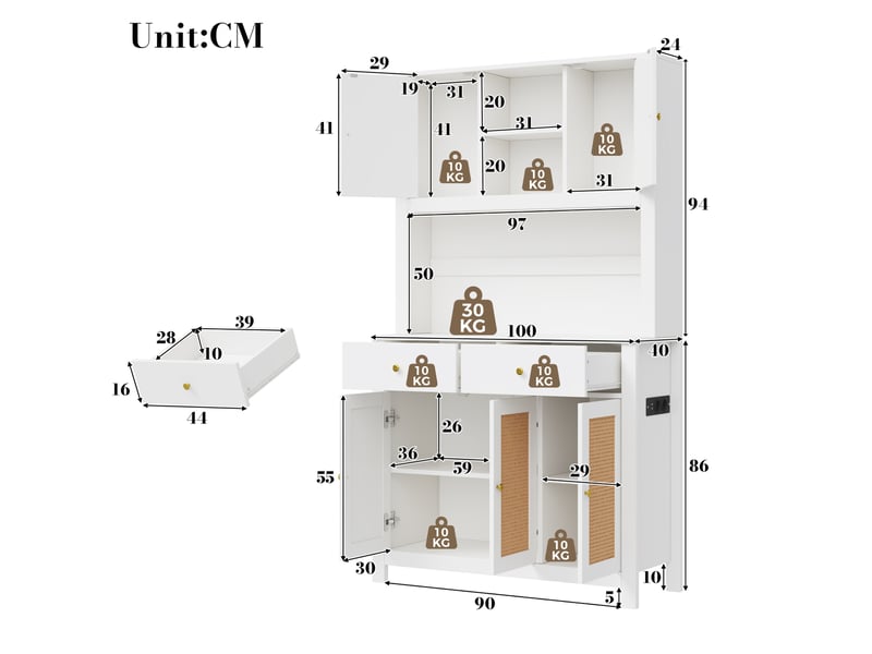  Buffet de cuisine 100x40x180 cm avec led rgb, portes en rotin, blanc  - Conforama C