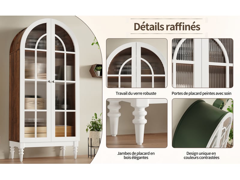  Lot de 2 vitrines cintrées, coloris noyer et blanc, 76 × 38,5 × 165 cm chacun, mdf, métal et verre, 3 niveaux, pieds bois tournés  - Conforama C