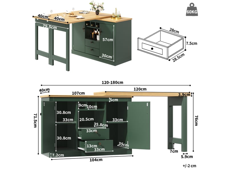  Table haute extensible 120 à 180 x 40 x 76 cm vert antique en mdf, avec rangement et fonction bar  - Conforama C