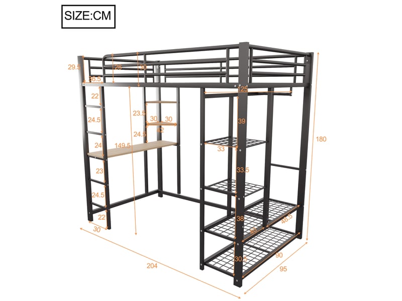  Lit mezzanine enfant 90 x 200 cm avec bureau, penderie ouverte, étagères et échelle, structure en métal noir, sommier à lattes, gain de place  - Conforama E