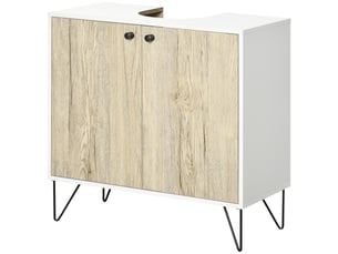 Meuble sous lavabo, meuble de salle de bain avec 2 portes, pieds en acier, 60 x 30 x 60 cm, blanc et bois naturel