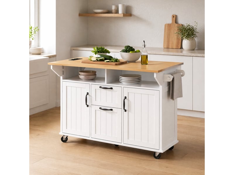  Desserte de cuisine à roulettes avec 2 portes, plateau rabattable, prises et porte-serviettes en mdf, 120×40-80×92 cm  - Conforama B