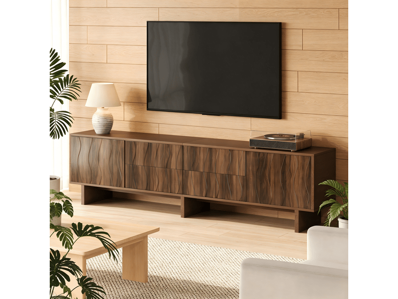  Meuble tv 180 cm noyer foncé design ondulé 4 tiroirs 2 portes pour écran 75 pouces  - Conforama W