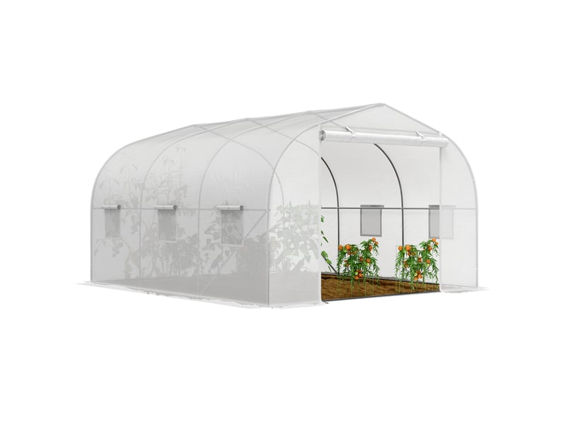  Serre tunnel de jardin avec 6 fenêtres et porte sectionnelle, acier et pe, 3,5 x 3 x 2 m, blanche  - Conforama A