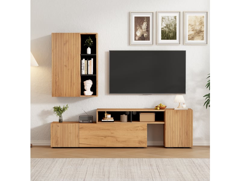  Ensemble meuble tv avec vitrine chêne et noir, longueur réglable 174-265 cm  - Conforama D