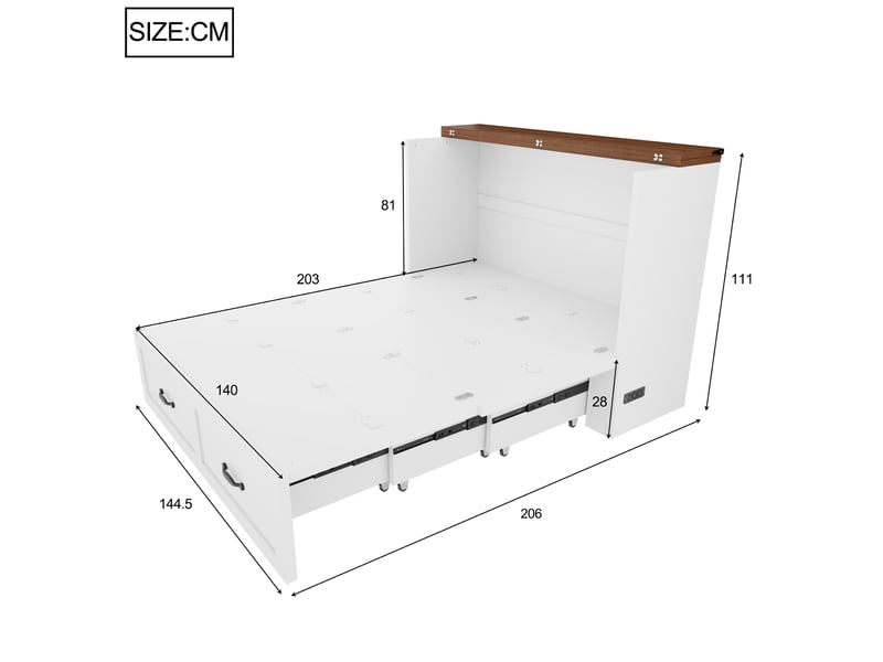  Lit escamotable 140x200 cm avec rangement, prise européenne, cadre en métal et roulettes silencieuses, blanc.  - Conforama C