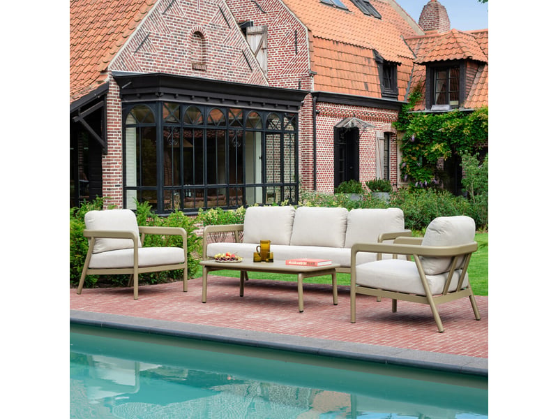 Salon de jardin bas 5p en aluminium kaki clair et tissu beige chiné lindos 601030 - Conforama B