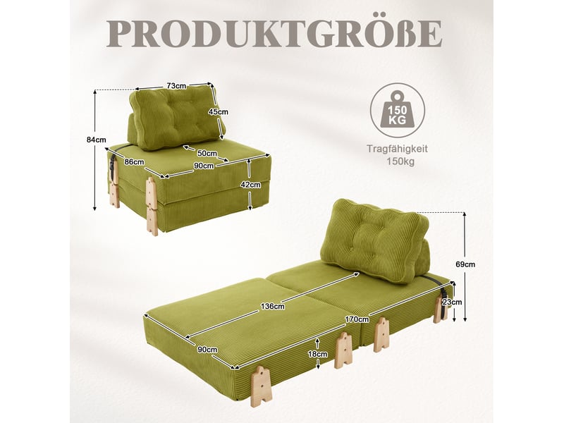  Fauteuil convertible modenvie 1 place en velours côtelé vert, avec pieds en bois, 90 x 86 x 84 cm  - Conforama C